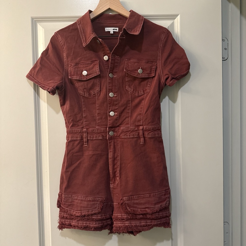 Fashion Nova Rust Short Sleeve Denim Romper